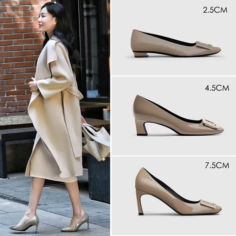 经典2026漆皮方扣单鞋女低跟法式优雅百搭浅口方头中跟通勤工作鞋商品图