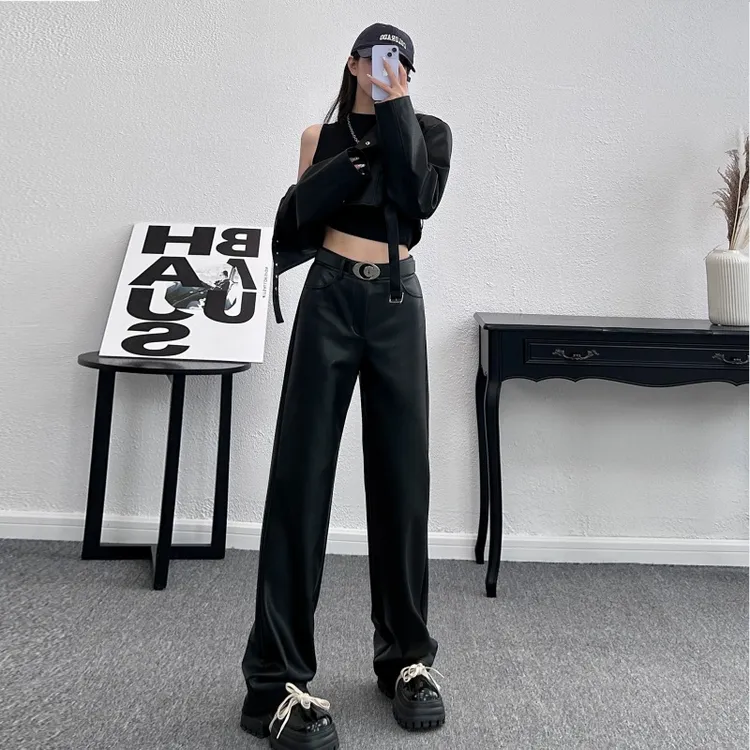 时尚酷飒黑色秋冬阔腿PU质感皮裤女宽松显瘦直筒裤垂感百搭女长裤