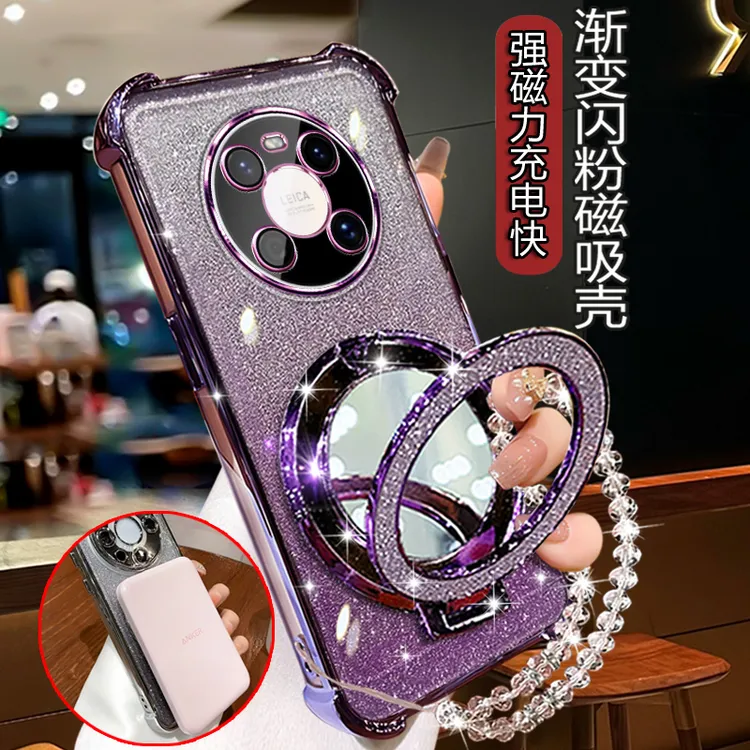 华为mate40手机壳女轻奢m40闪粉软壳Mate40E网红镜子支架OCE-AN50
