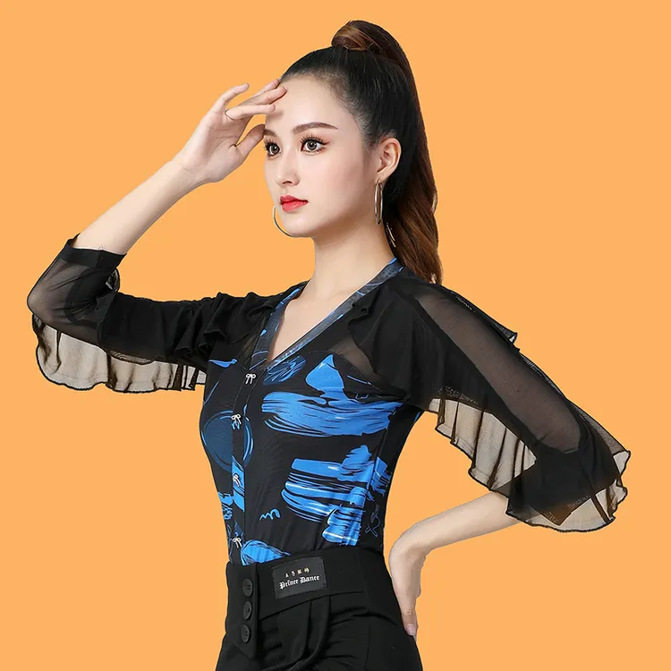 吉特巴舞蹈服女成年新款网纱中长袖国标摩登练功上衣拉丁舞衣服装