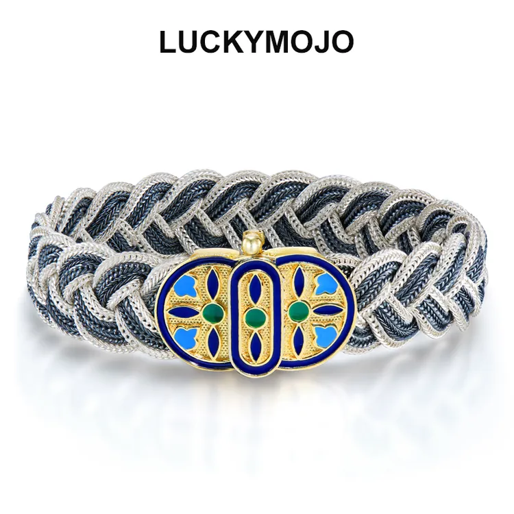 LUCKYMOJO 925银珐琅手链 小众个性高级老钱风土耳其编织银手链男