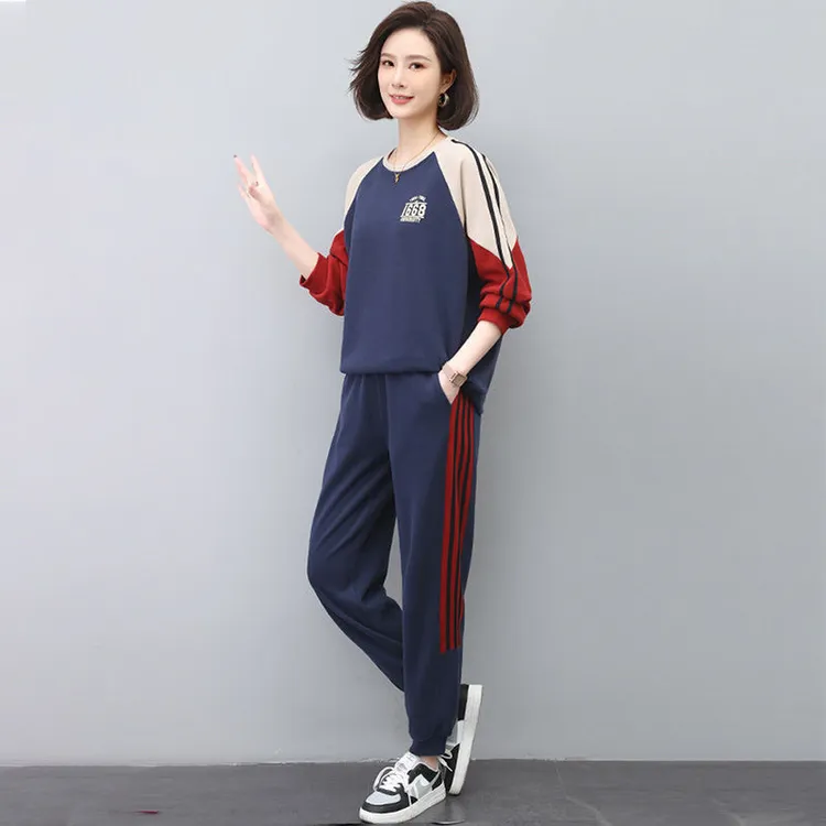 秋冬新款插肩撞色时尚休闲套装大码宽松显瘦运动卫衣长裤两件套装