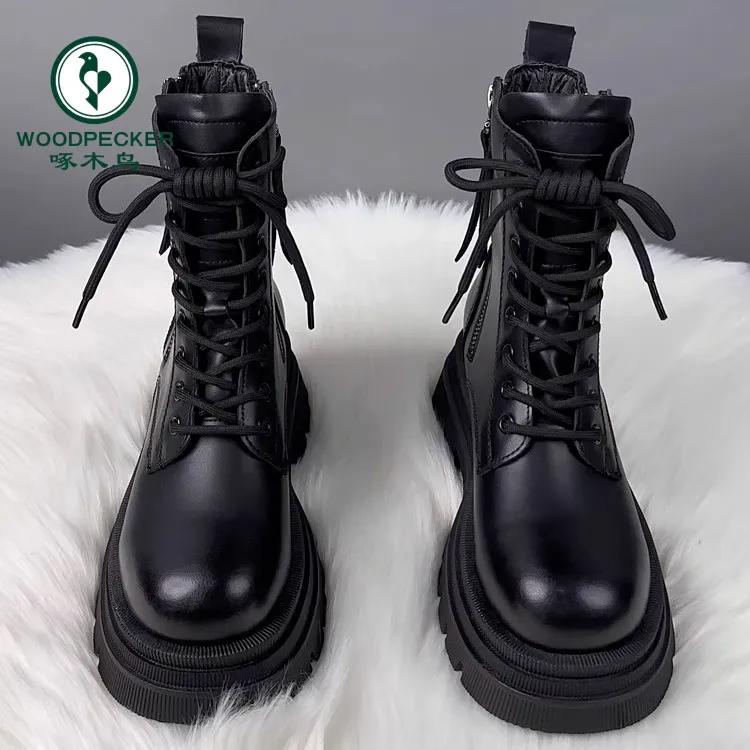 啄木鸟英伦风厚底马丁靴女2025秋冬款加绒爆款短靴小个子单靴子