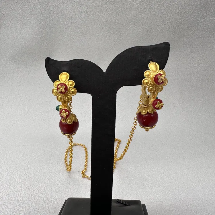 铜合金耳饰 咉嘉原创纯手工尼泊尔梅花镀金耳环耳链简单