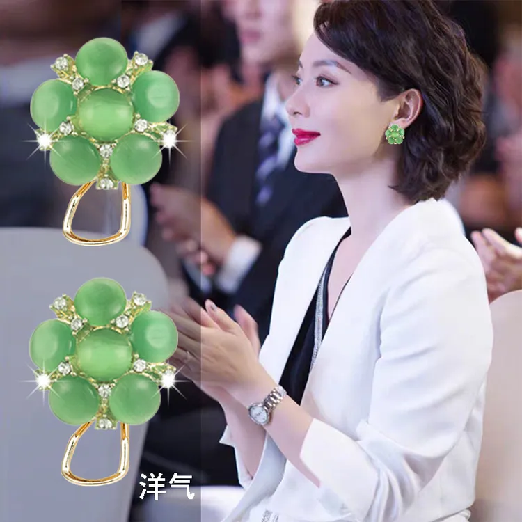 铜合金耳饰 优雅耳饰素款精美绿色耳钉耳夹耳坠圆脸耳环时尚百搭