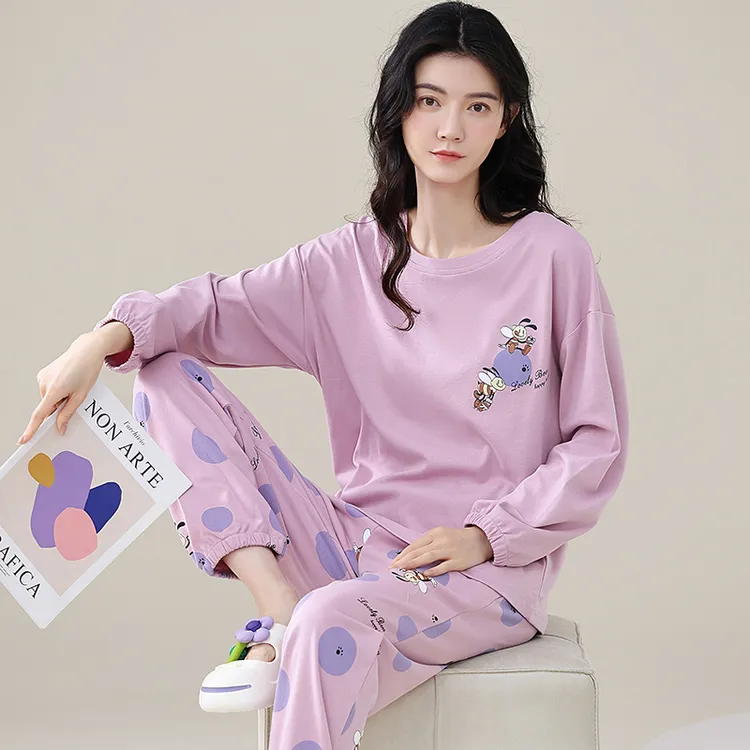 睡衣女春秋长袖长裤纯棉100％全棉大码小个子居家可外穿家居服套装