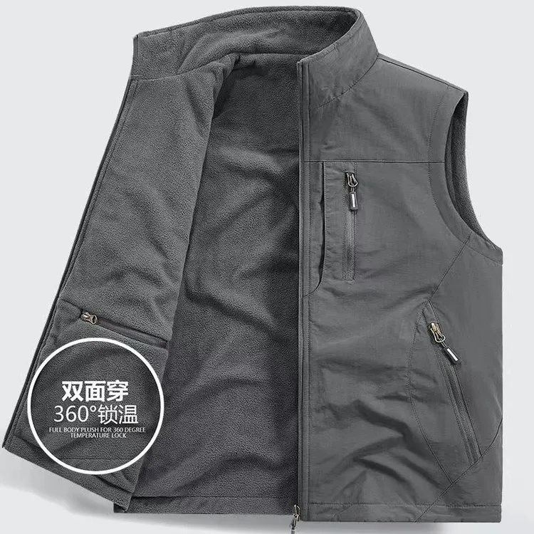 双面穿男士加绒马甲户外坎肩抓绒加厚防水保暖多口袋战术外套