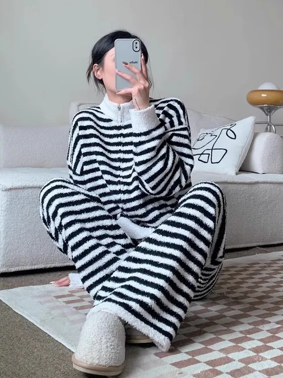 【DMXJ大梦想家】韩版条纹撞色针织睡衣女冬季款加厚保暖家居服套装