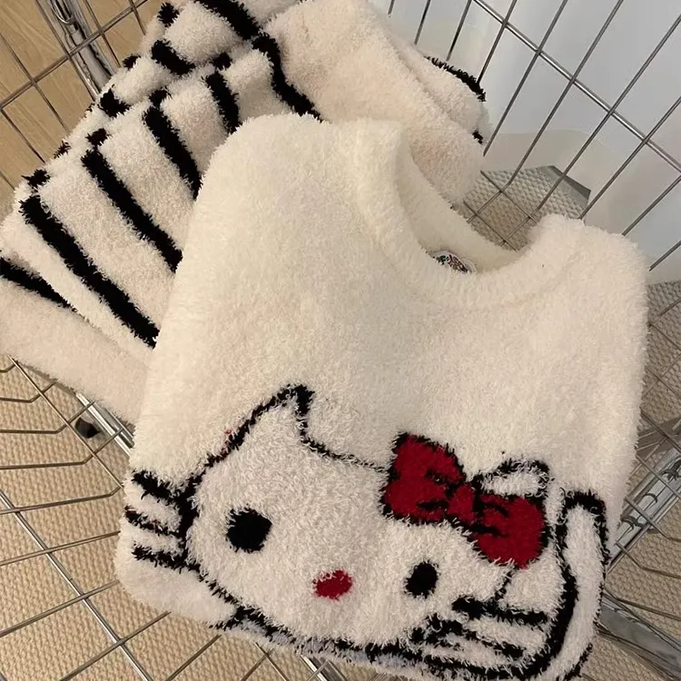白色小猫针织半边绒睡衣冬季女冬2024新款加绒加厚保暖家居服套装