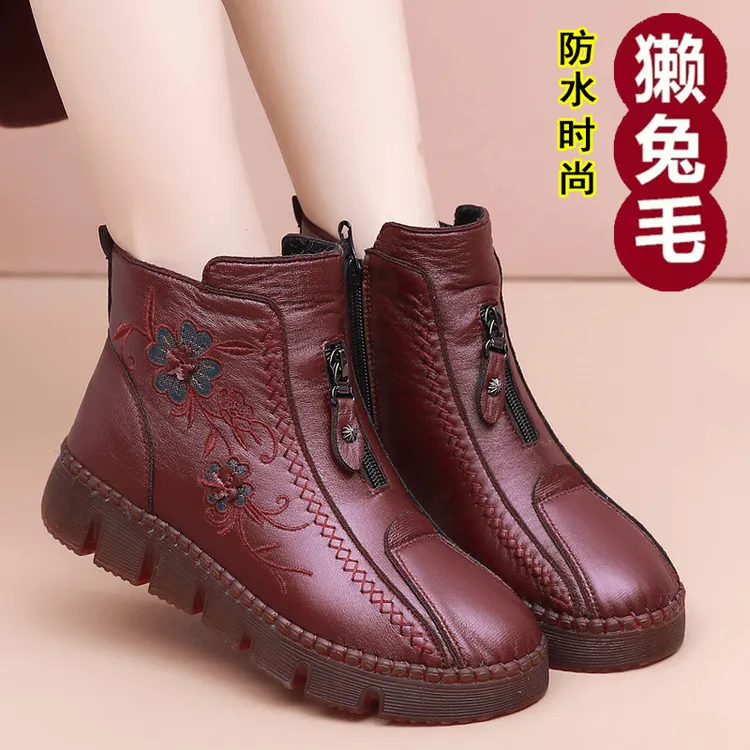 冬季加厚保暖妈妈雪地靴老北京布鞋女短靴子牛筋软底防滑老人棉鞋