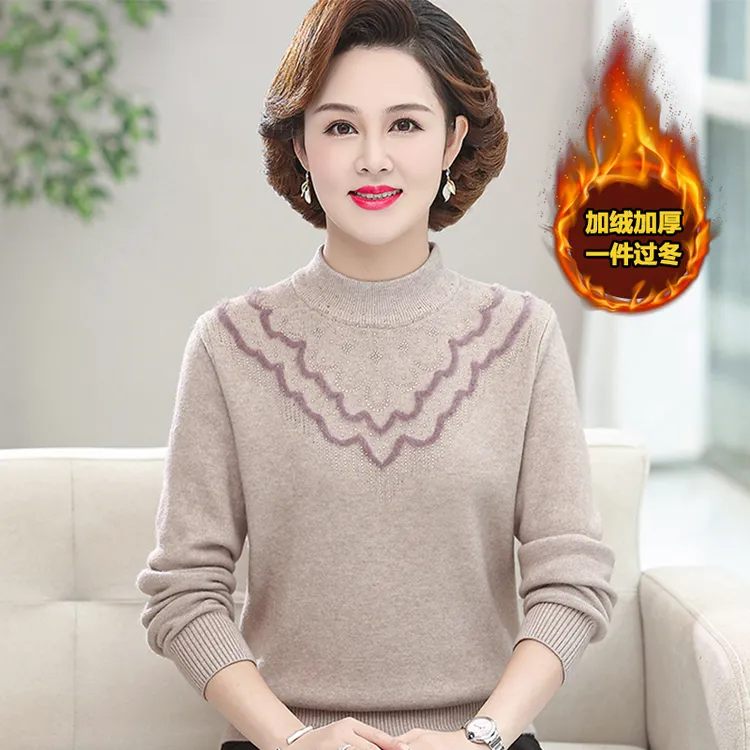 2025新款妈妈装秋冬加绒加厚毛衣中老年女保暖长袖打底衫上衣短款