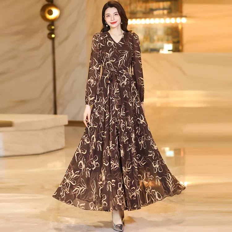 香衣丽华春季新款长袖V领花色气质简约大摆连衣裙修身显瘦气质