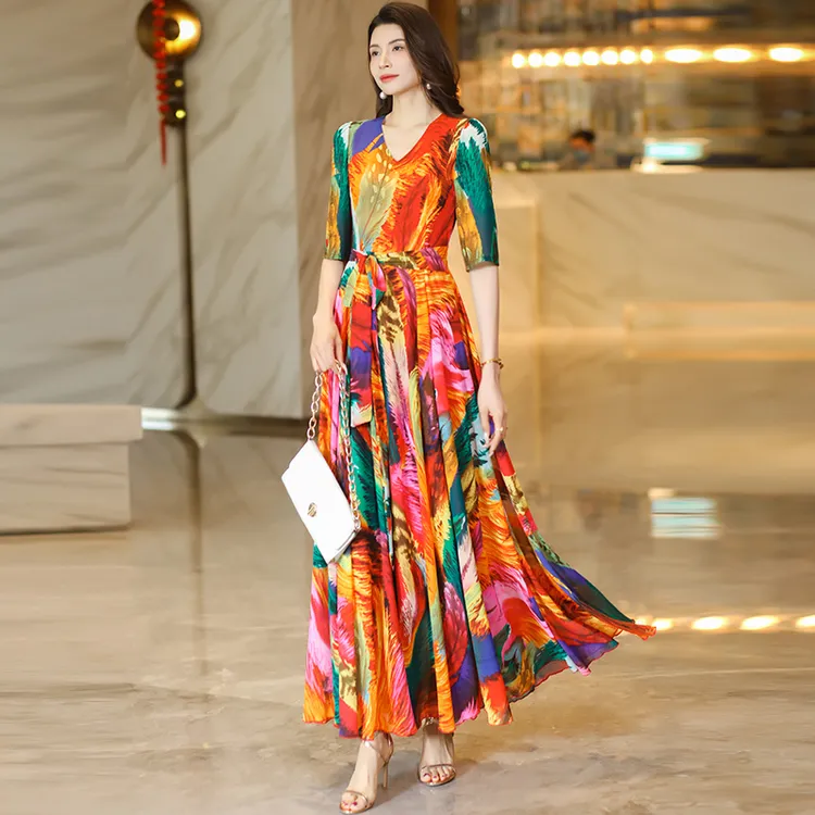 香衣丽华（08款209号花色）五分袖V领花色简约大摆连衣裙修身长裙