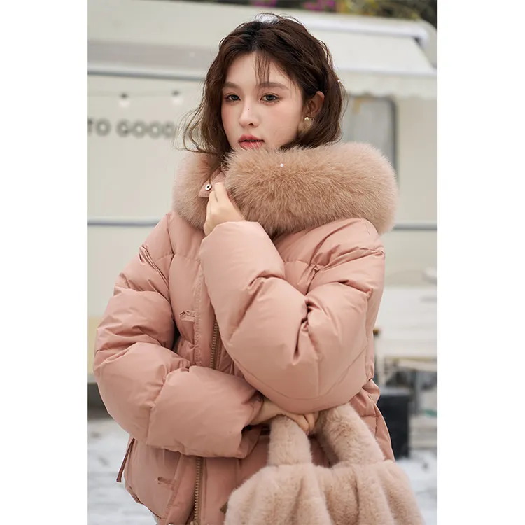 谜秀【干枯玫瑰3代】狐狸毛领短款羽绒服时尚百搭女士连帽加厚保暖