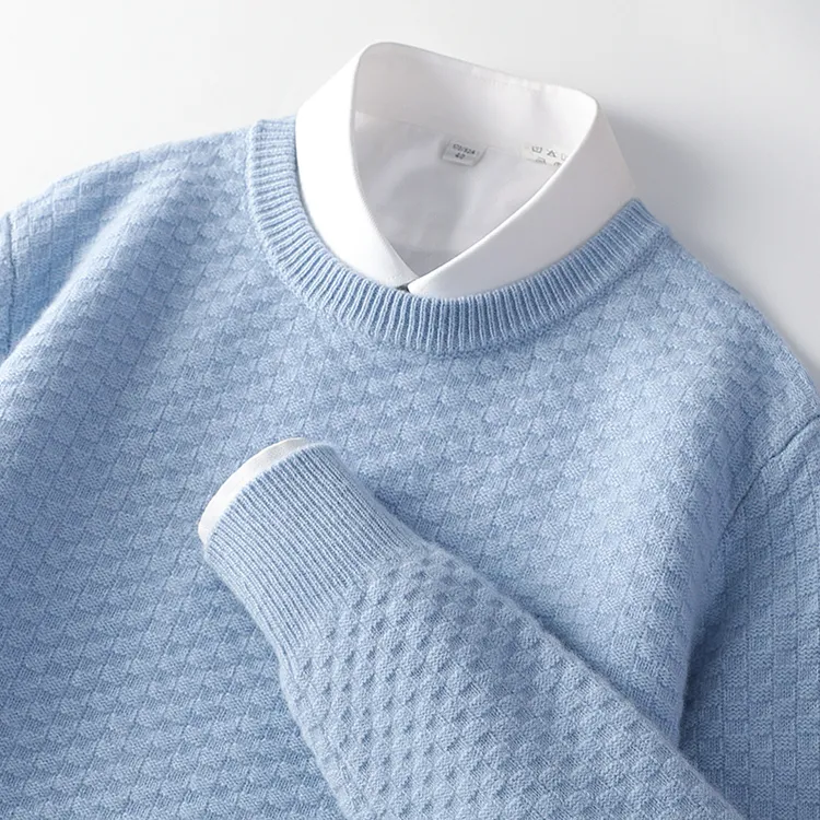 100%纯羊毛秋冬新款男士圆领小席编加厚提花商务休闲羊毛衫上衣