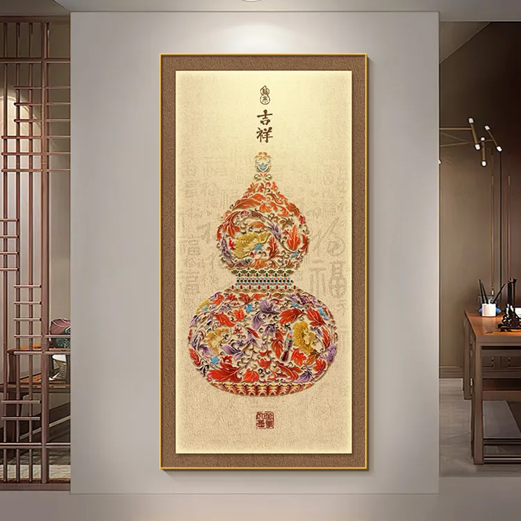 新中式入户玄关带灯现代装饰画福禄吉祥图过道走廊壁画立体葫芦