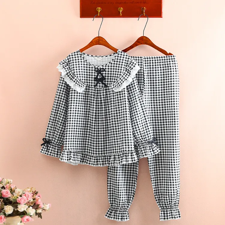 公主风100%纯棉布睡衣女春夏季薄款长袖可爱梭织斜纹布家居服套装