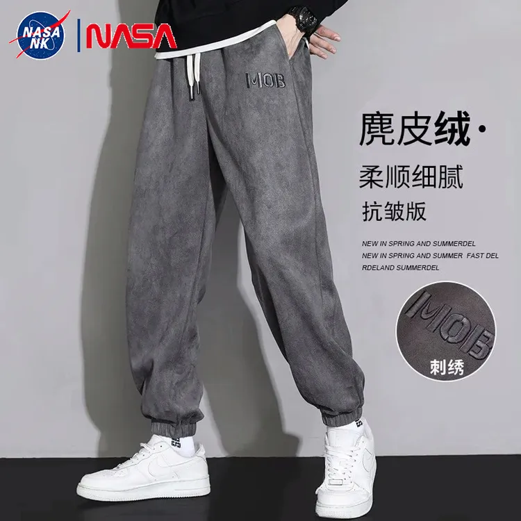 NASA联名美式潮牌卫裤男士春秋季宽松束脚款运动麂皮绒休闲长裤子