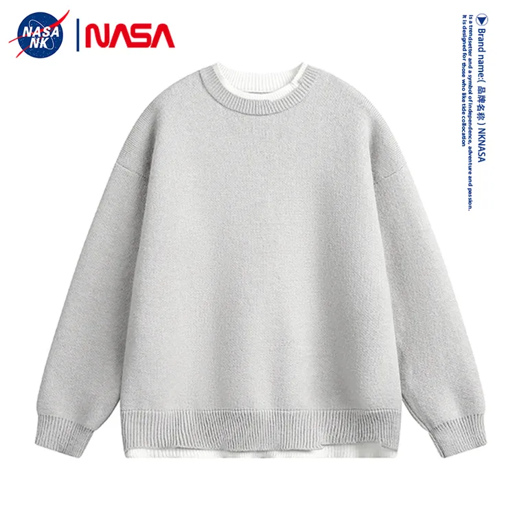 NASA联名纯色圆领男士毛衣春秋款宽松慵懒风休闲内搭打底针织衫男