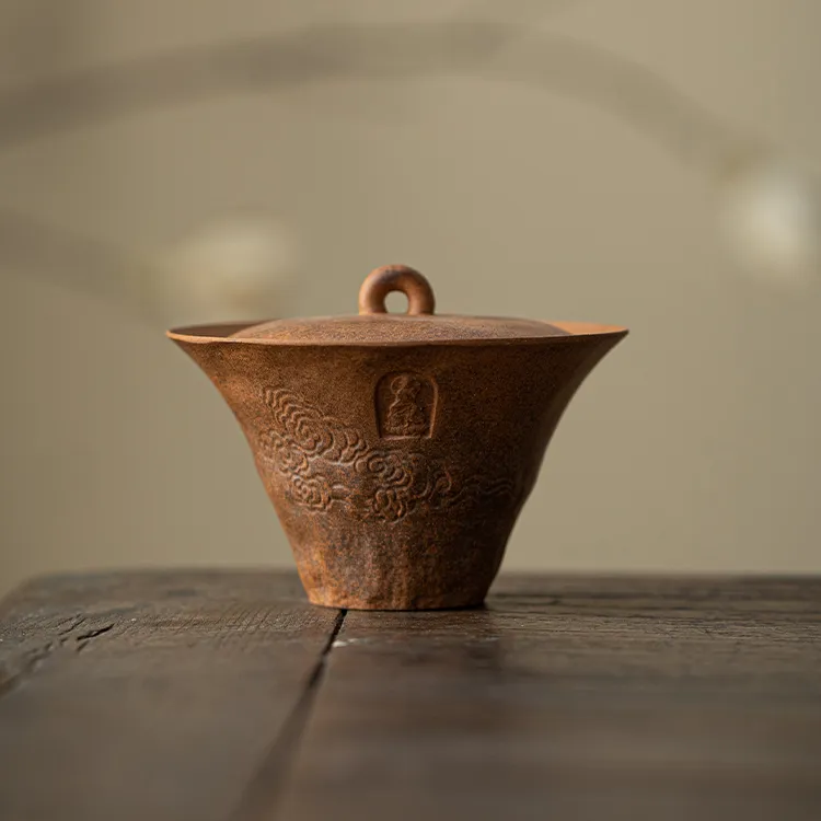 【正版川冶】敦煌二才马蹄盖碗.06807.粗陶老岩泥中式侘寂风茶器