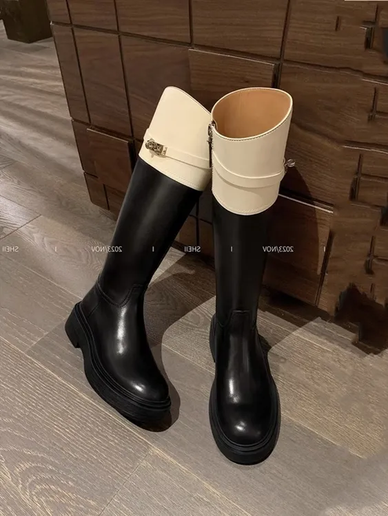 喜欢品质~圆头拼色锁扣粗跟中高筒靴骑士靴女真皮长靴英伦风长筒