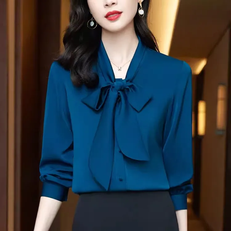飘带蝴蝶结缎面衬衫女长袖上衣洋气质高端春秋季新款职业时尚衬衣