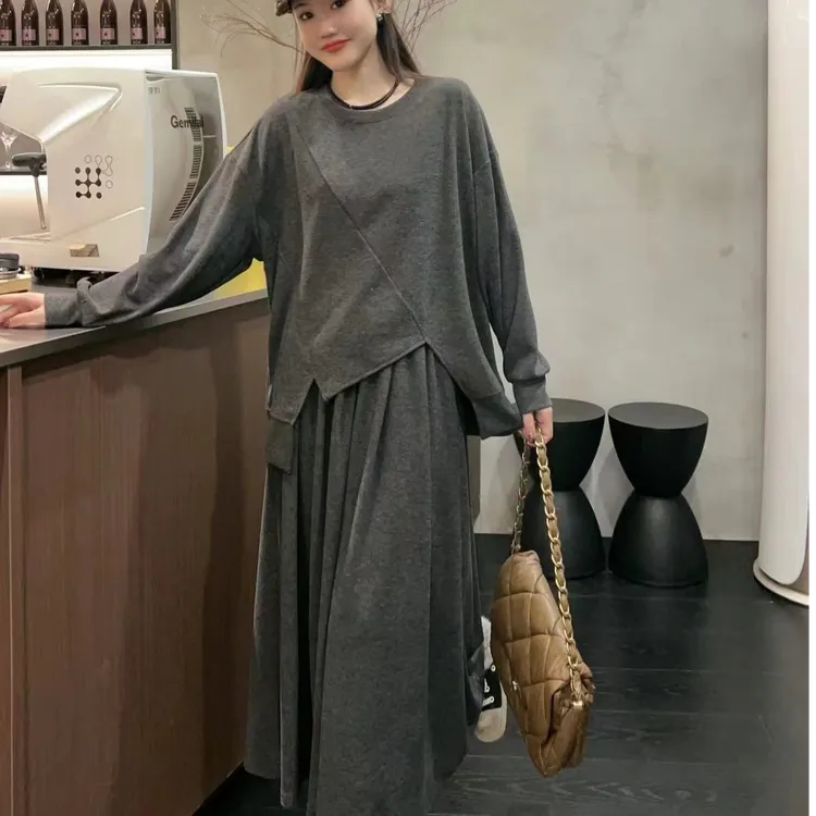 秋季慵懒风不规则设计感显瘦上衣+高腰显瘦百搭A字版半身裙套装