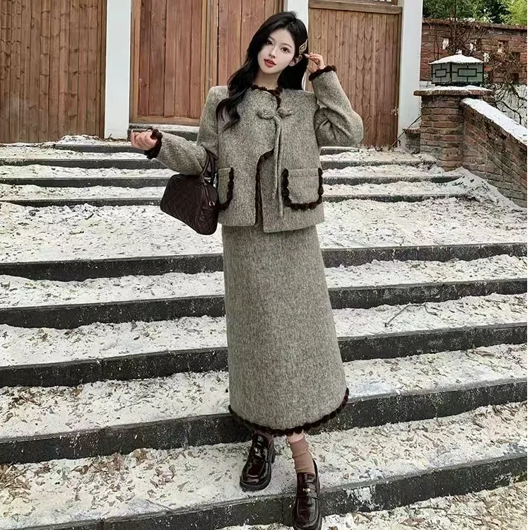 冬季加厚高级感气质小香风上衣半身裙两件套套装