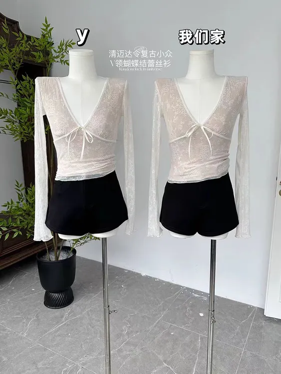 辣妹v领长袖蕾丝衫女装早秋季设计感小众修身内搭打底衫短款上衣