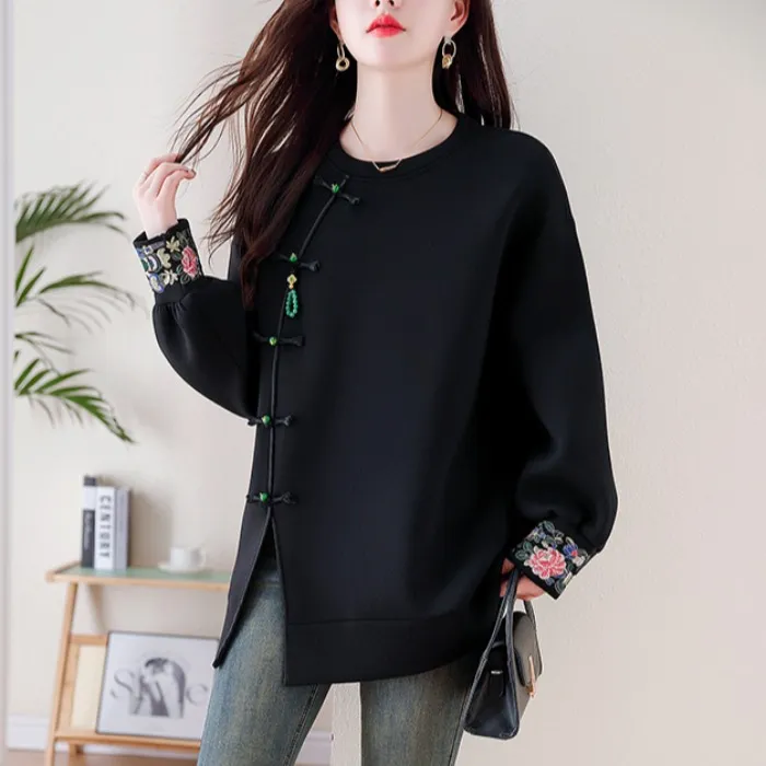 新中式国风套头圆领卫衣女文艺大码复古刺绣盘扣宽松中长款打底衫