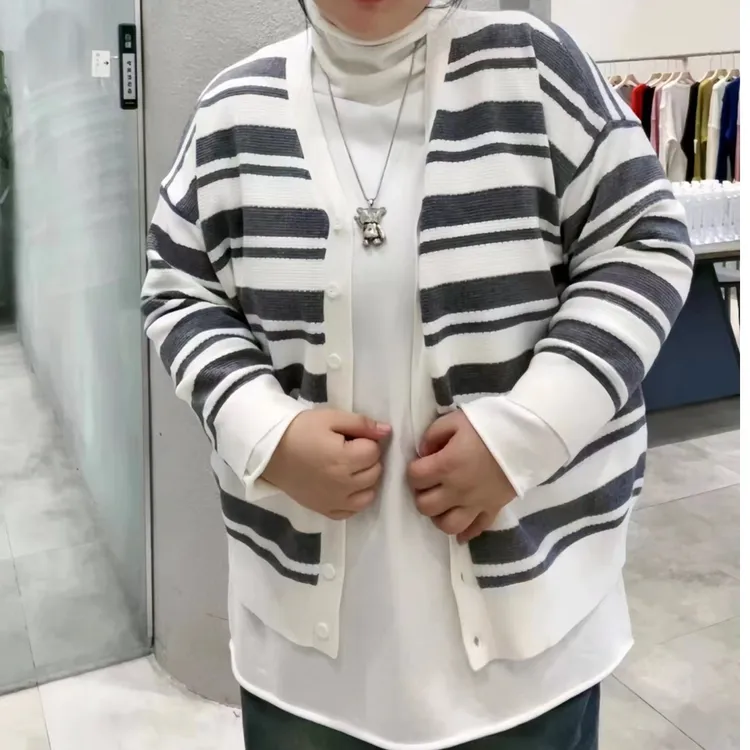 织+2023早秋款撞色慵懒斑马纹针织品牌开衫外套简约