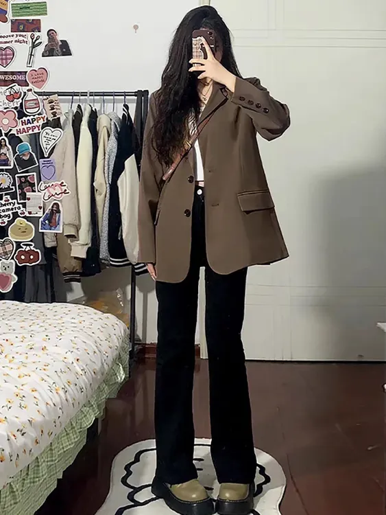 咖啡色西装外套女2025春秋新款韩版休闲宽松显瘦高级感百搭小西服
