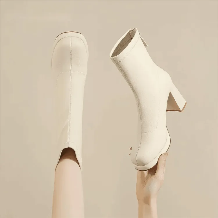 初秋冬配裙子白色高跟短靴女秋冬2025新款粗跟加绒马丁靴炸街单靴