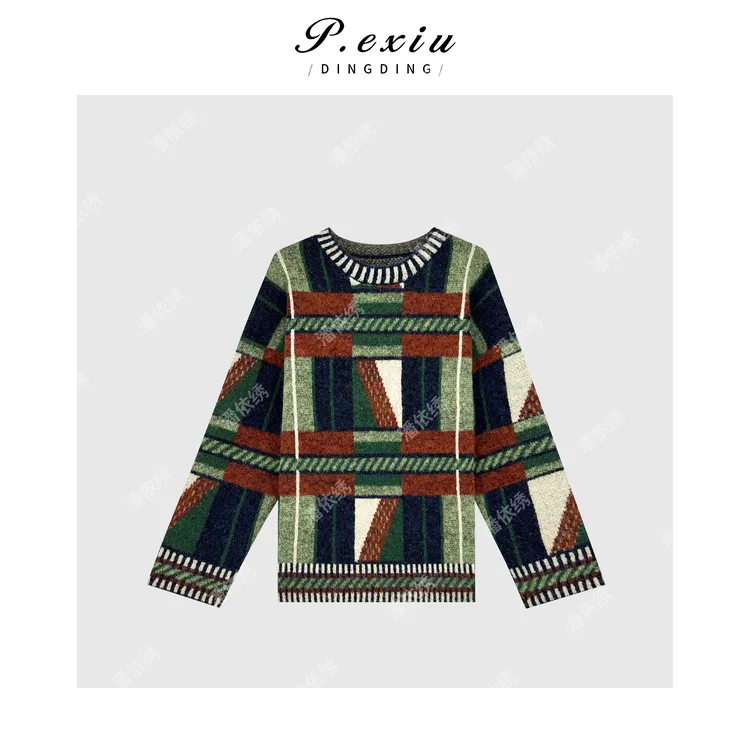 PanYiXiu/潘依绣羊-毛费尔岛撞色几何提花圆领毛衣 L2561