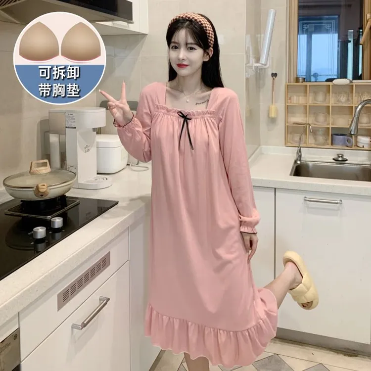带胸垫长袖纯棉睡衣女春秋季2025新款爆款中长款大码睡裙女家居服