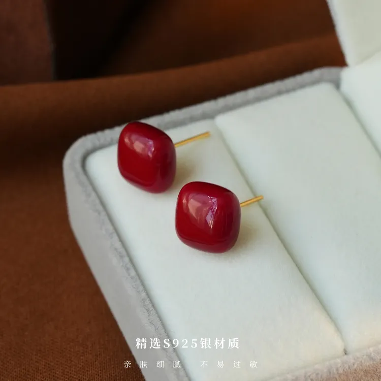 丽沁 925银耳饰 复古红色方糖耳钉法式日常精致耳饰秋冬通勤耳环