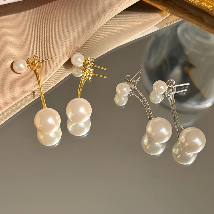 925银耳饰 后挂式珠珠耳长款耳环法式复古轻奢感个性新款
