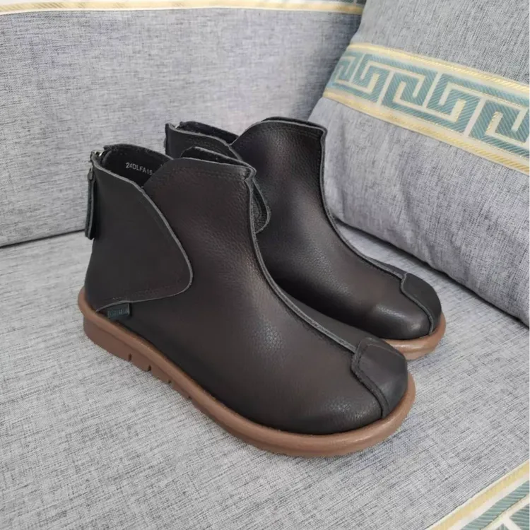 秋冬新款真皮软底软面复古圆头耐磨防滑平底女靴民族风百搭短靴