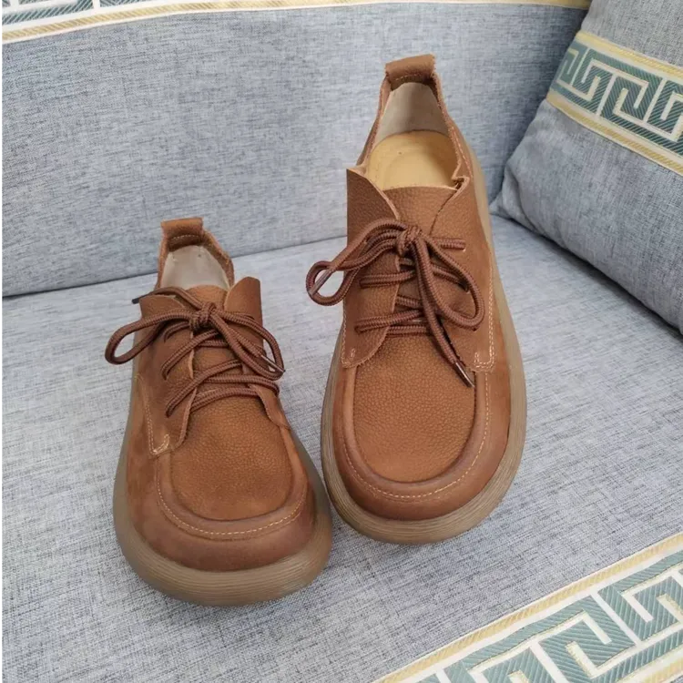 秋冬防滑耐磨厚底圆头文艺复古系带牛皮女鞋舒适百搭平底妈妈鞋