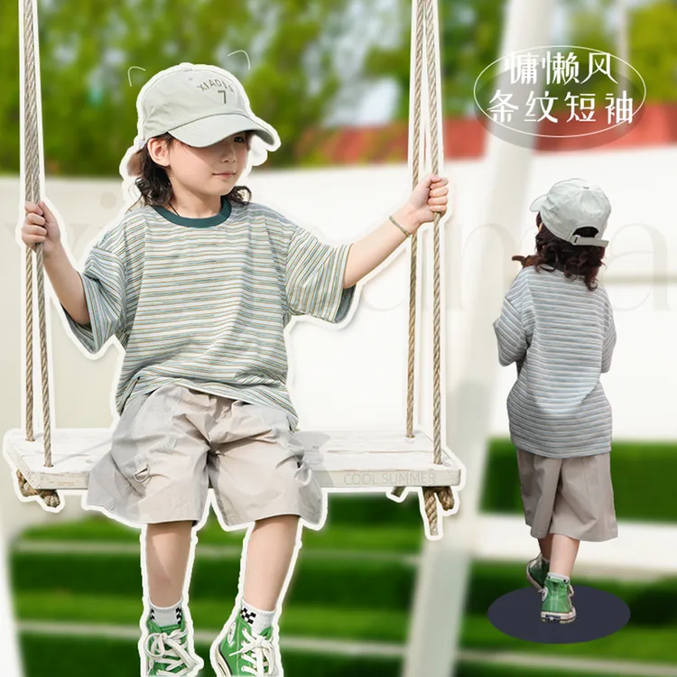 vilimama2024夏季湖蓝色慵懒风条纹短袖T恤V54117