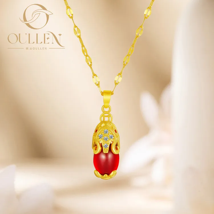 OULLEN 钛钢项链 新款不掉色复古红色招财转运貔貅项链女锁骨链