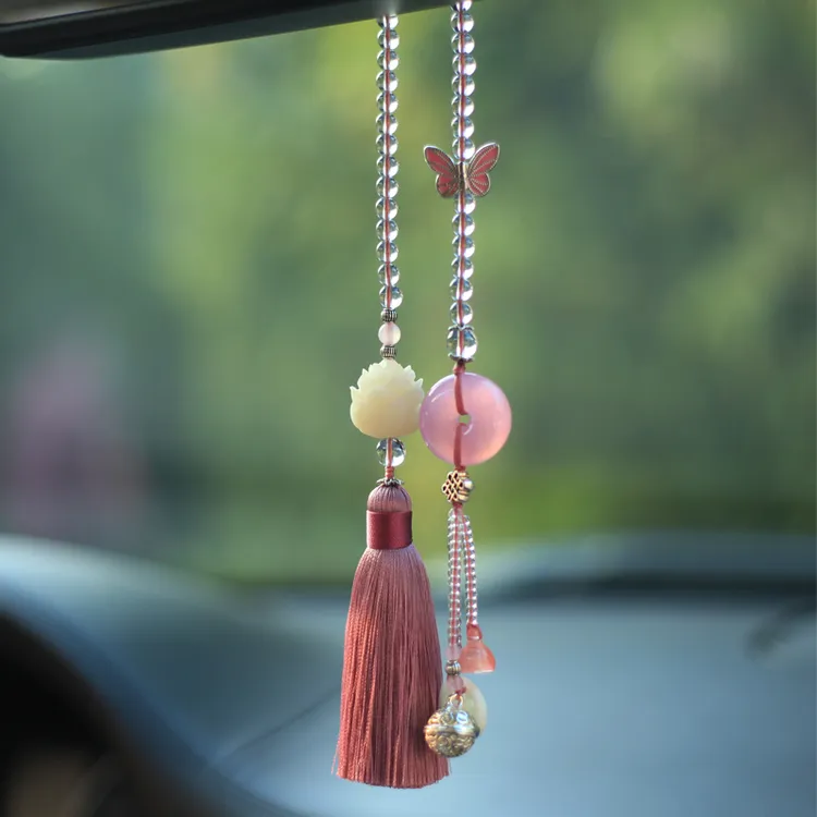 紫色流苏汽车挂件高档宫铃车内后视镜莲花挂饰吊坠手工新车礼物女