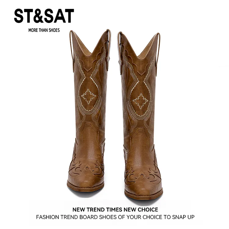 星期六真皮法式v口刺绣西部牛仔靴女川西新疆旅游穿搭高筒长靴子