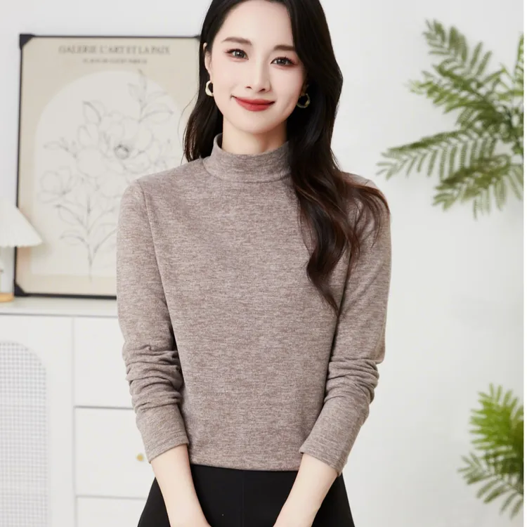 新款女士桑蚕丝绵羊毛打底衫半高领内搭秋冬纯色中领宽松长袖6815