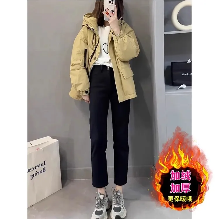 黑色加绒牛仔裤女秋冬新款梨形身材高腰显瘦弹力小个子九分烟管裤