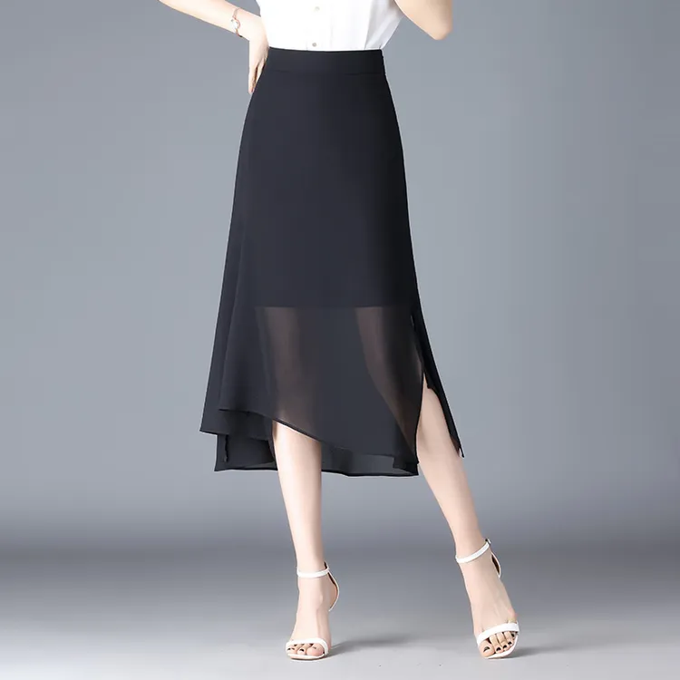 开叉雪纺半身裙女夏季新款薄款高腰显瘦百褶a字包臀半裙