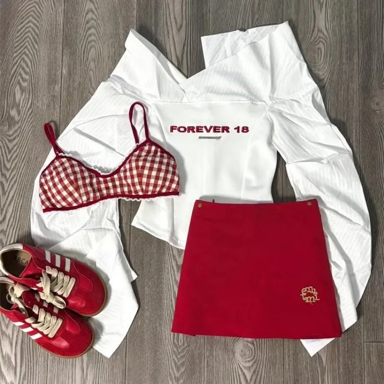 【现货】秋季一整套2025新款韩系时尚穿搭蕾丝吊带衬衫半身裙三件套