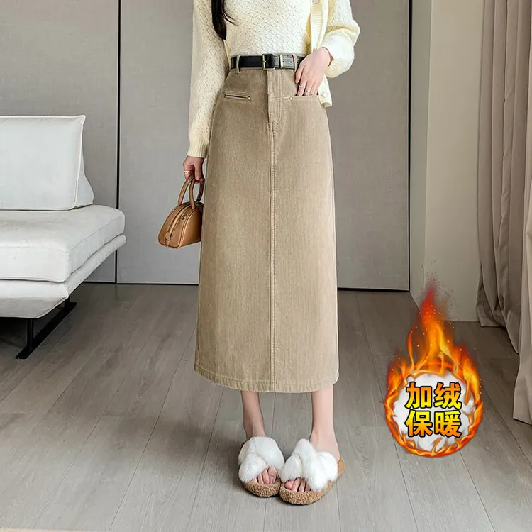 裙子毛呢显瘦灯芯半身裙女2024冬加厚加绒中长款复古赫本风高筒裙