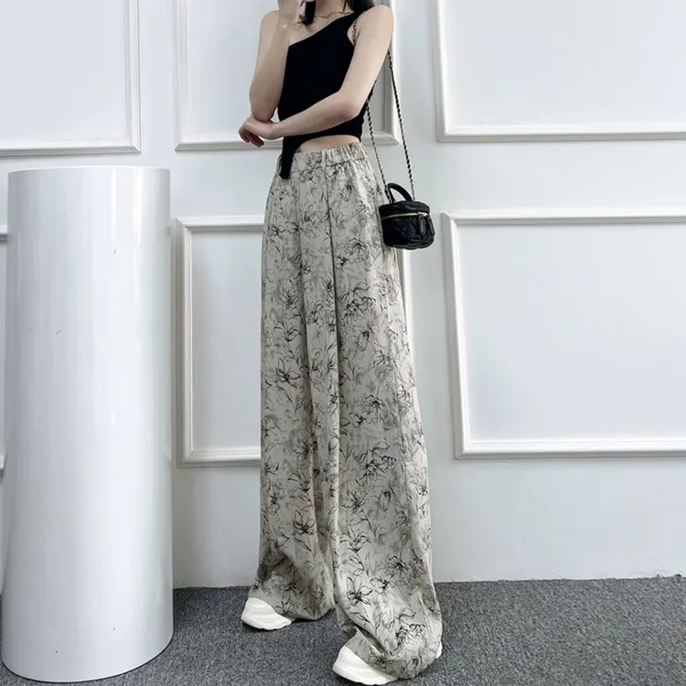 新中式碎花阔腿裤女2023新款复古高腰显瘦气质拖地裤直筒裤长裤子