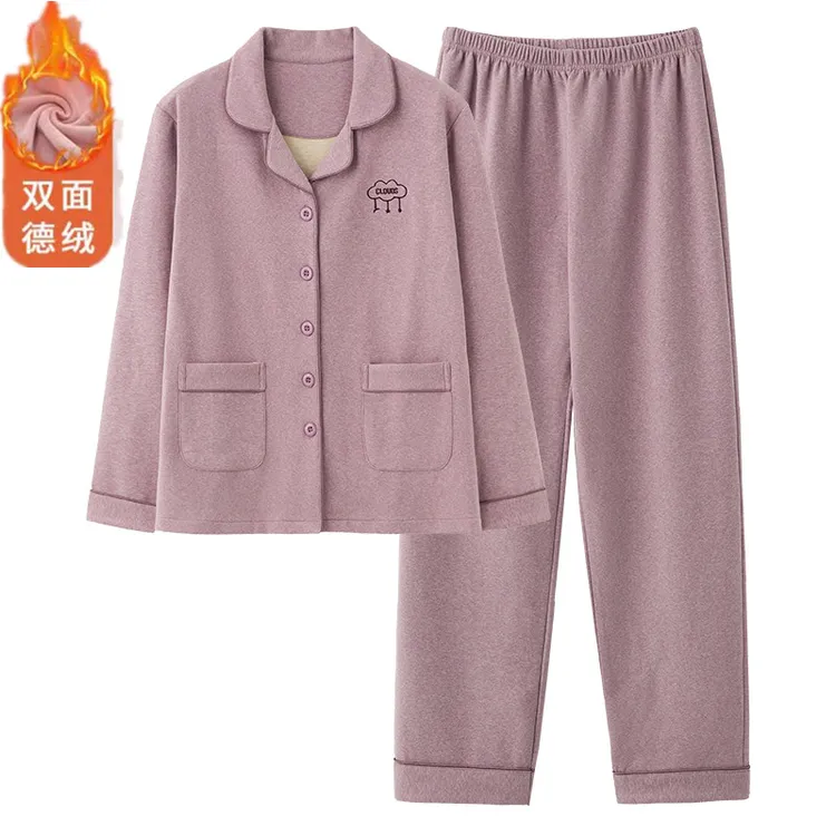 双面加厚德绒睡衣女秋冬季加绒保暖中年妈妈冬天老年人大码家居服